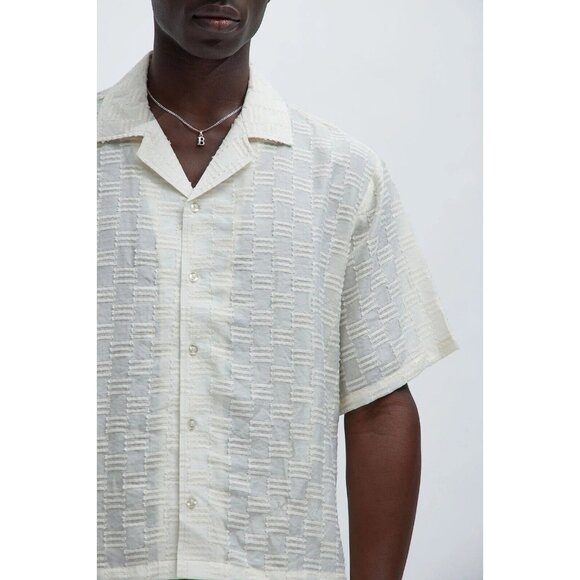 Alabastar Jacquard Button Up Short Sleeve Shirt Cream Men's - Picture 3 of 7